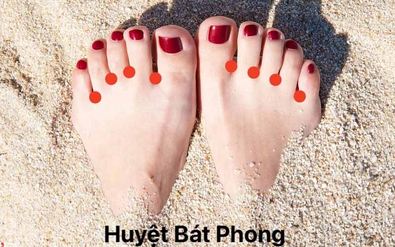 Huyệt Bát Phong nằm ở đầu 4 kẽ chân